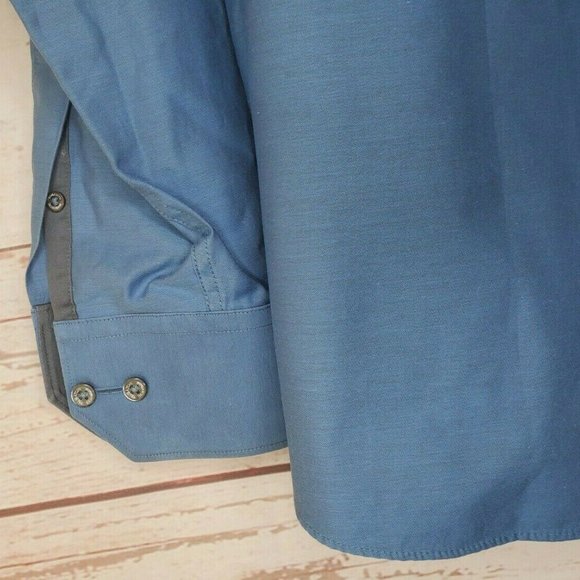 Bugatchi Uomo Blue Grey Mens Embroidered Shaped Fit Button Up Shirt - Picture 7 of 12